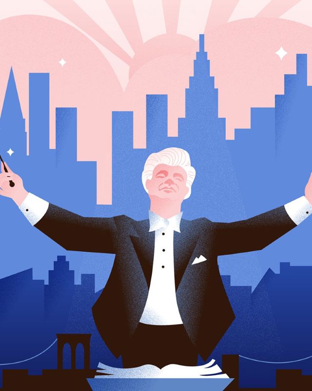 Illustrasjon av Bernstein med dirigentstokk foran stilisert by-skyline